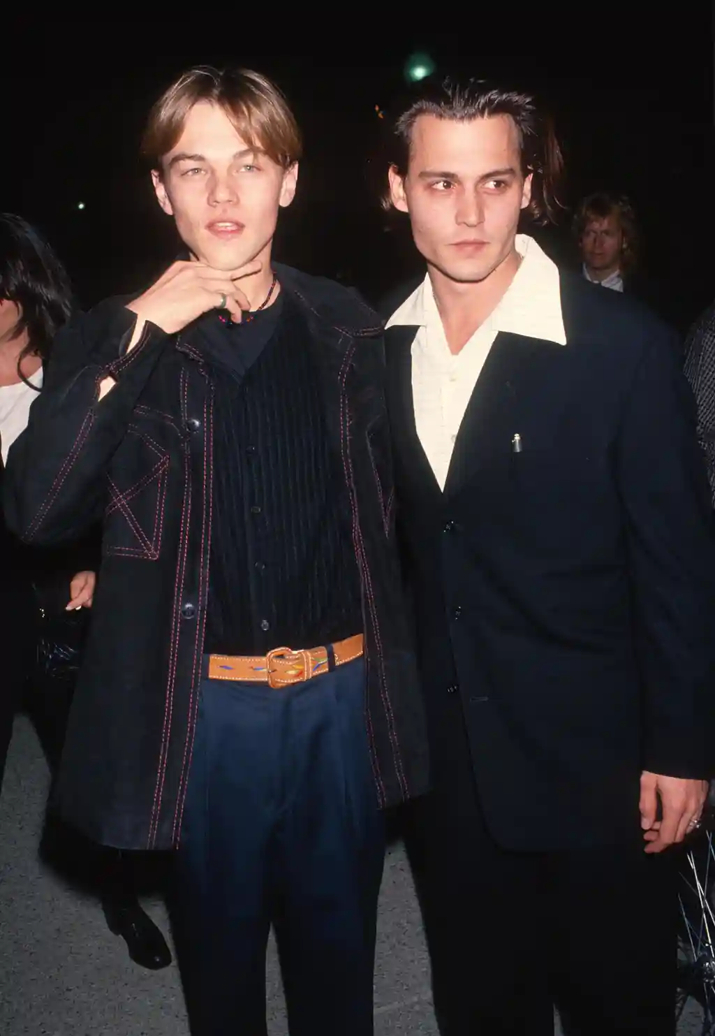 Actor Leonardo DiCaprio and actor Johnny Depp attend What’s Eating Gilbert Grape Los Angeles Premiere on December 12, 1993 at Paramount Theatre in Los Angeles, California.