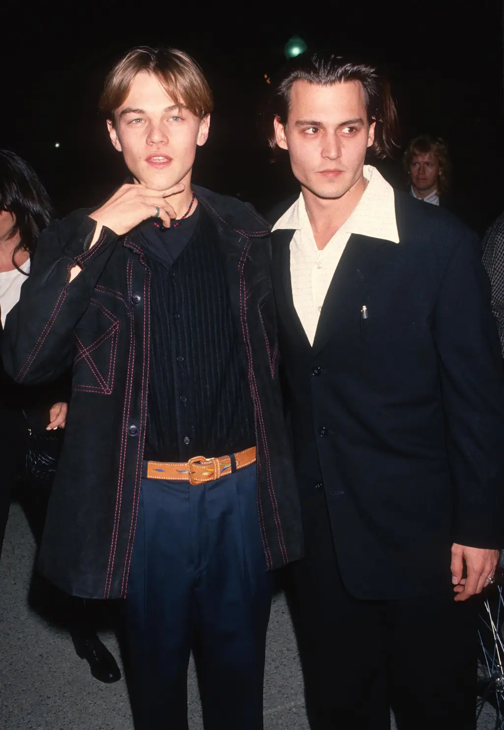 Actor Leonardo DiCaprio and actor Johnny Depp attend What’s Eating Gilbert Grape Los Angeles Premiere on December 12, 1993 at Paramount Theatre in Los Angeles, California.